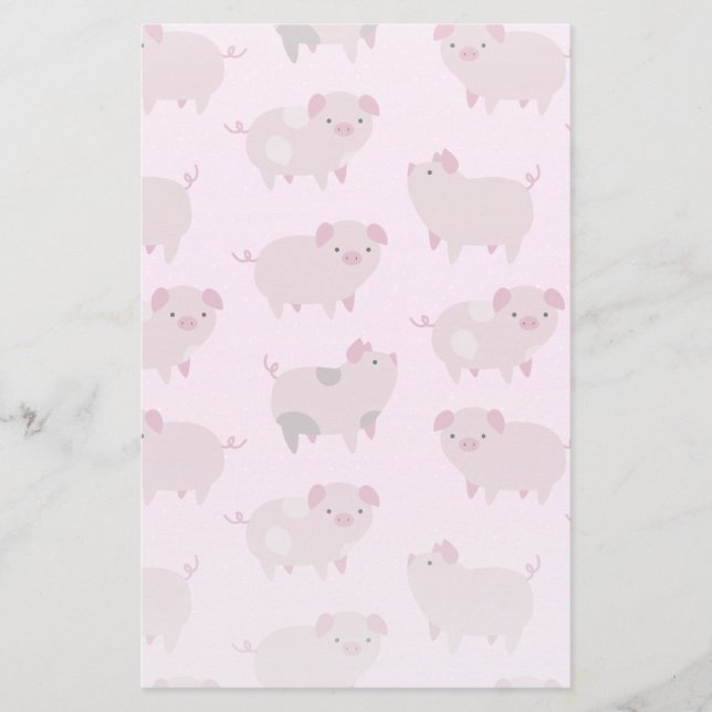 Cute Pink Baby Piglets Pattern & Dots Stationery (Front)