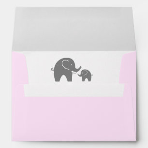 Cute pink baby shower envelopes with grey elephant