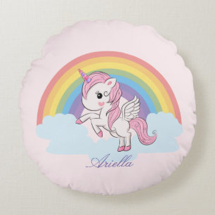 Cute Pink Baby Unicorn and Rainbow Round Pillow