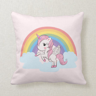 Cute Pink Baby Unicorn and Rainbow Throw Pillow