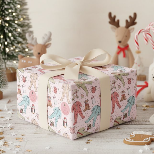Cute Pink Baby's First Christmas Personalized Wrapping Paper (Cute 1st Christmas Kids Wrapping Paper. Baby Pj's & Winter Animals First Xmas Illustration for Girl)