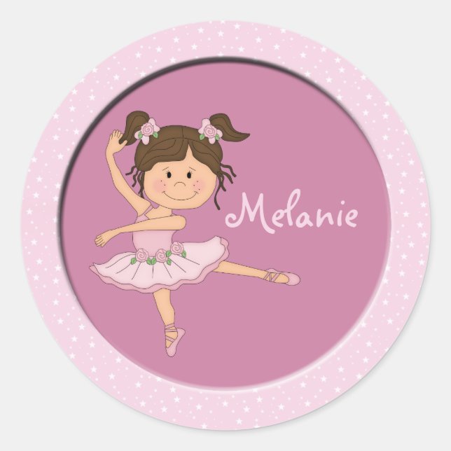 Cute Pink Ballerina 1 Custom Name Round Stickers (Front)