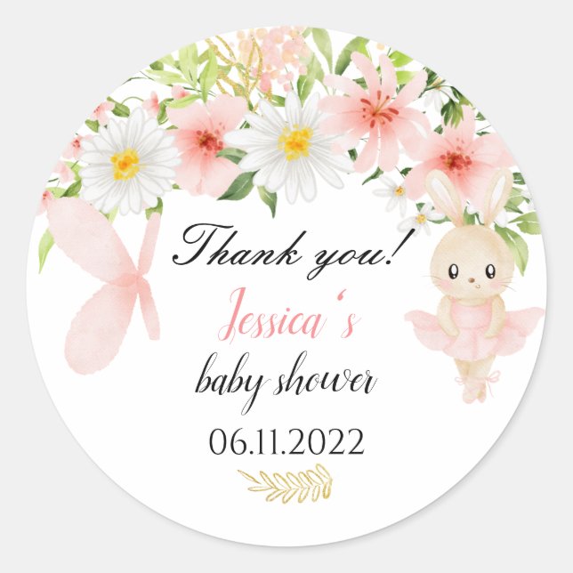 Cute pink Ballerina baby shower party stickers  (Front)