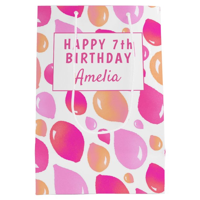 Cute Pink Balloon Girly Pattern Girl`s Birthday Medium Gift Bag (Back)