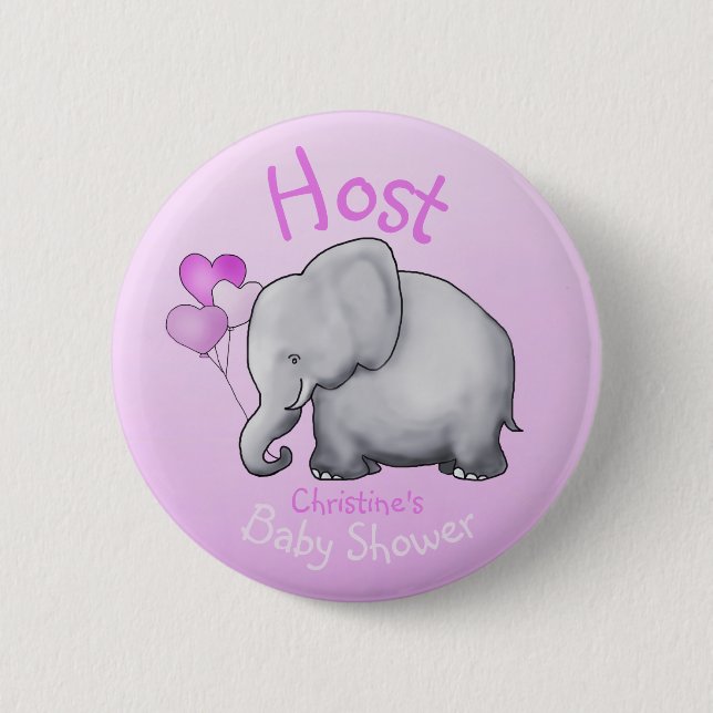 Cute Pink Balloons Elephant Baby Shower Host 2 Inch Round Button (Front)