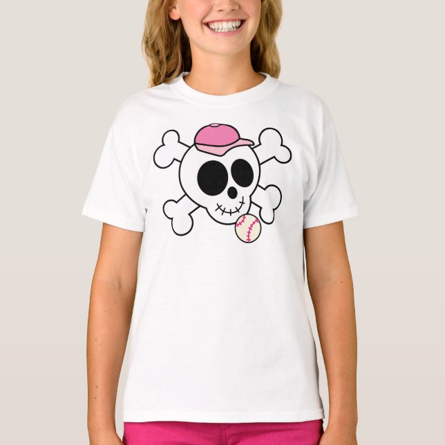 Cute Pink Baseball Skull and Crossbones T-Shirt (Front)