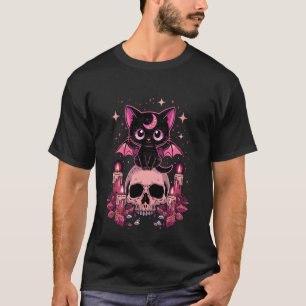 Cute Pink Bat Cat Sitting On Skull Skeleton Candle T-Shirt