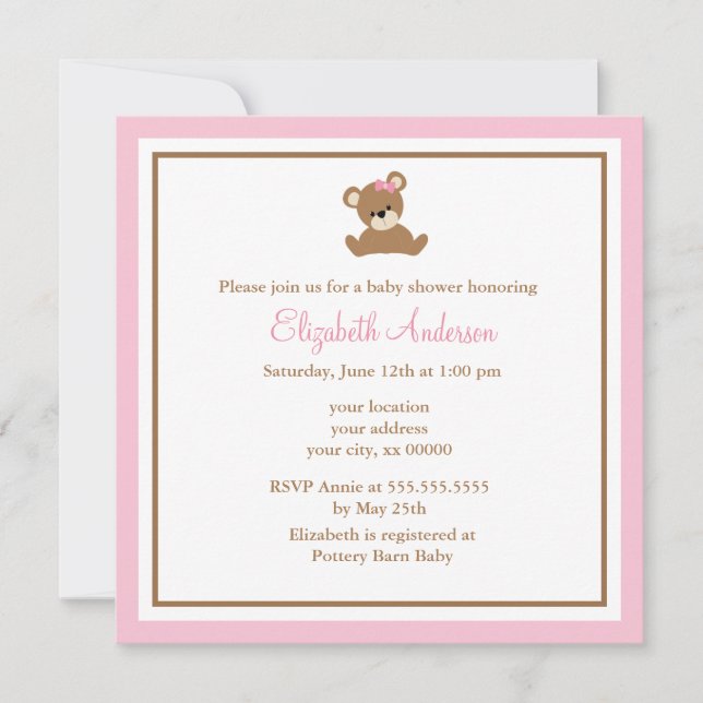 Cute Pink Bear Baby Shower Invitation (Front)