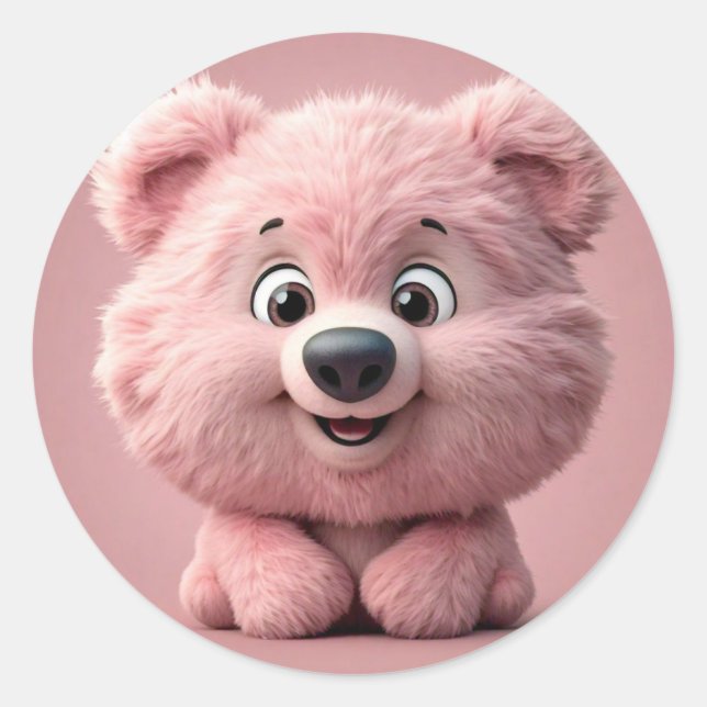 Cute Pink Bear Classic Round Sticker (Front)