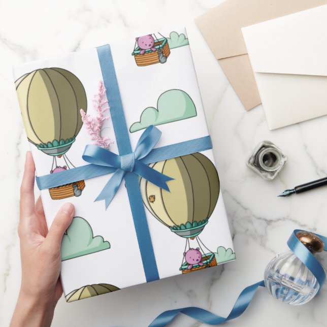 Cute Pink Bear in Hot Air Balloon Illustrated Gift Wrapping Paper (Gifting)