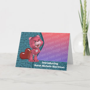 Cute Pink Bear Red Heart New Baby Photo Card