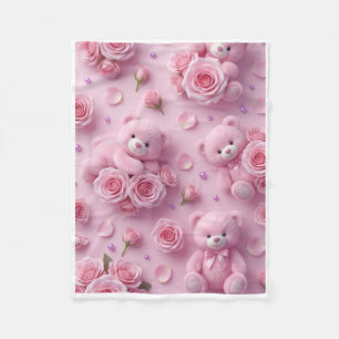 Cute Pink Bears In Floral Pattern Fleece Blanket