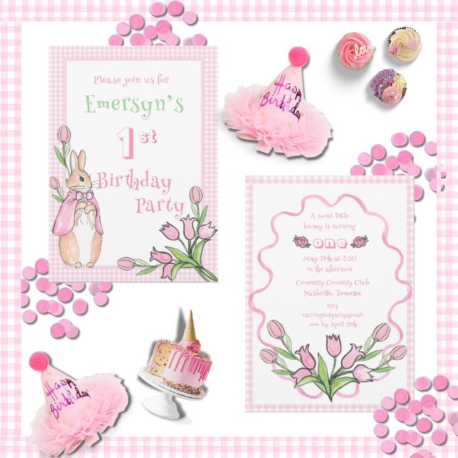 Cute Pink Beatrix Potter 1st First Birthday Party  Invitation (Creator Uploaded)