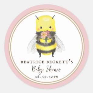 Cute Pink Bee and Wildflower Baby Shower Sticker