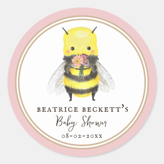 Cute Pink Bee and Wildflower Baby Shower Sticker (Front)