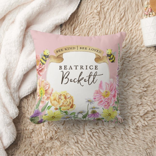 Cute Pink Bee and Wildflower Birthday Keepsake Throw Pillow (Blanket)