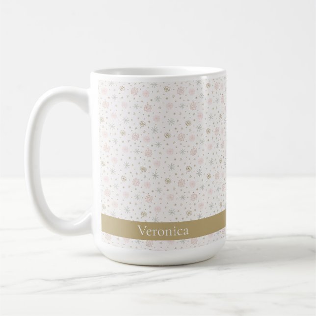 Cute Pink & Beige Snowflake Pattern Christmas Name Coffee Mug (Left)