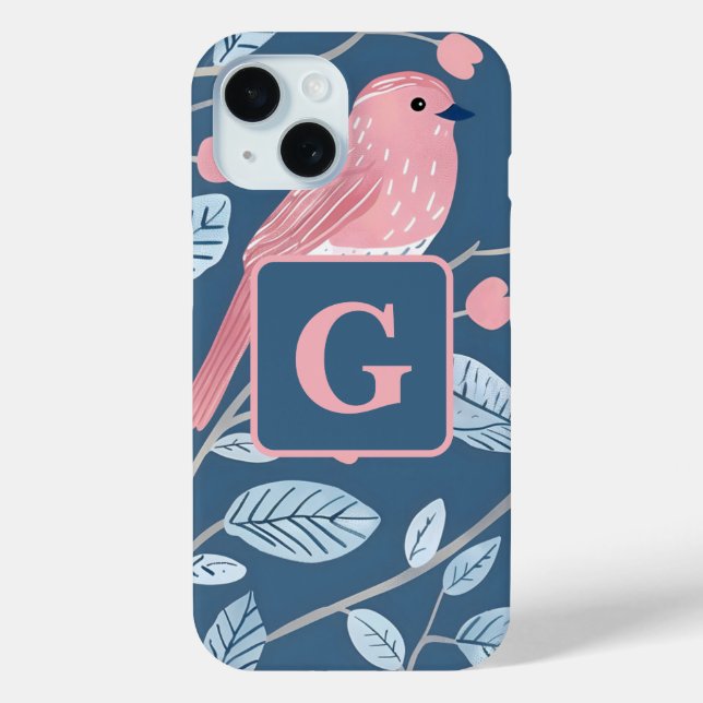 Cute pink bird blue grey personalized monogram  Case-Mate iPhone case (Back)