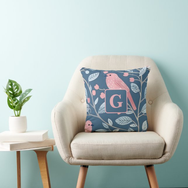Cute pink bird blue grey personalized monogram  throw pillow (Chair)