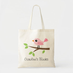 Cute pink bird girls personalized library book tote bag