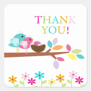 Cute Pink Bird Nest Thank You Baby Shower Square Square Sticker