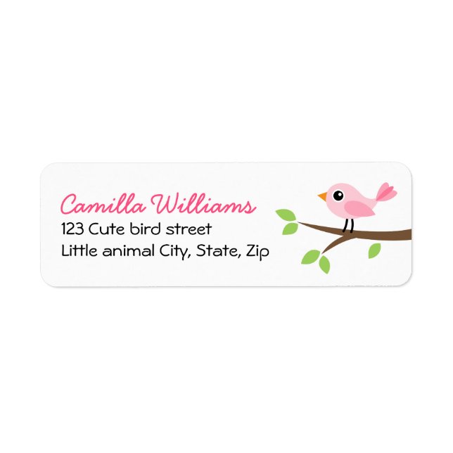 Cute pink bird on branch return address (Front)