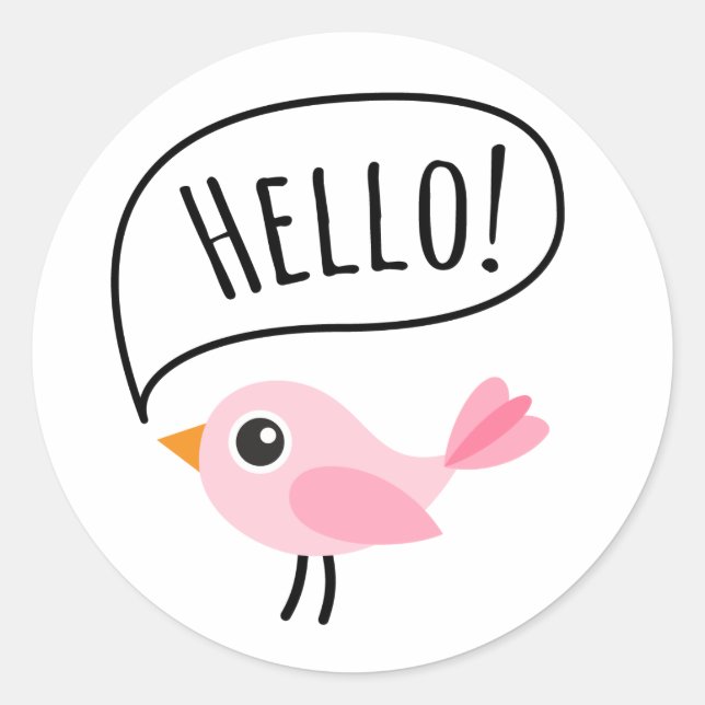 Cute pink bird saying Hello cartoon Classic Round Sticker (Front)