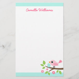 Cute pink bird with egg on branch custom name stationery