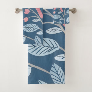 Cute pink birds on blue grey bath towel set