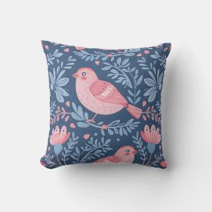 Cute pink birds on blue grey throw pillow