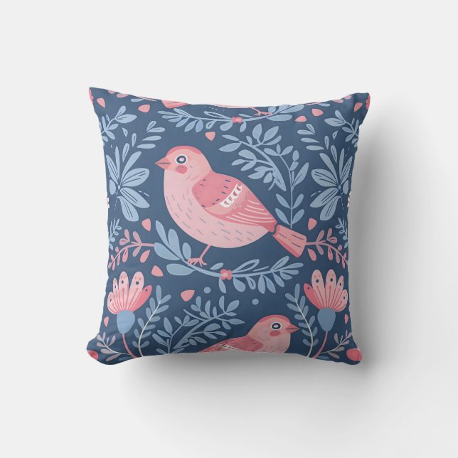 Cute pink birds on blue grey throw pillow (Front)