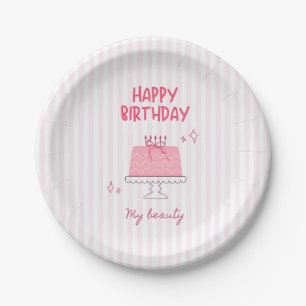 Cute Pink Birthday Cake "Happy Birthday My Beauty" Paper Plate