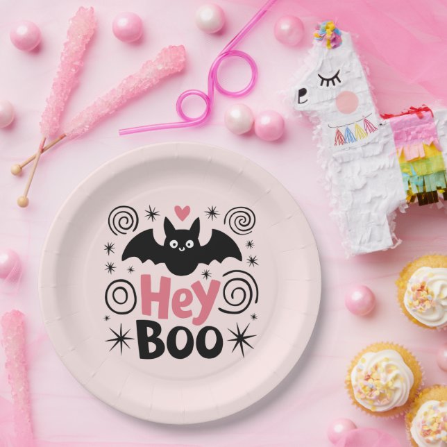 Cute Pink & Black Boo Bat Halloween Party Paper Plate (Party)