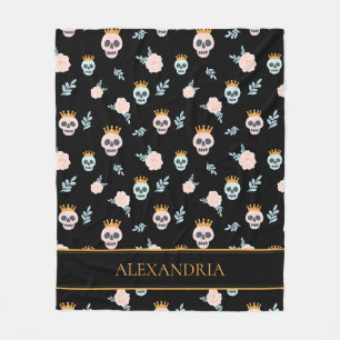 Cute Pink Black Botanical Skull Pattern Halloween Fleece Blanket