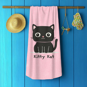 Cute Pink & Black Cat Beach Towel
