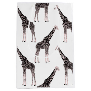 Cute Pink & Black Giraffe Animal White Design Medium Gift Bag