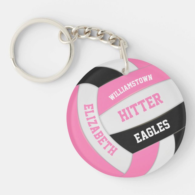 cute pink black girly personalized volleyball keychain (Front)