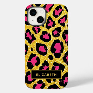 Cute Pink Black Gold Glitter Leopard Print Name Case-Mate iPhone 14 Case