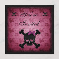 Cute Pink & Black Gothic Skulls Birthday Invites