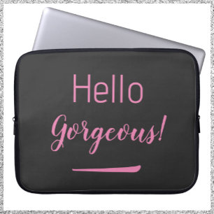 Cute Pink & Black Hello Gorgeous Quote Slogan Laptop Sleeve