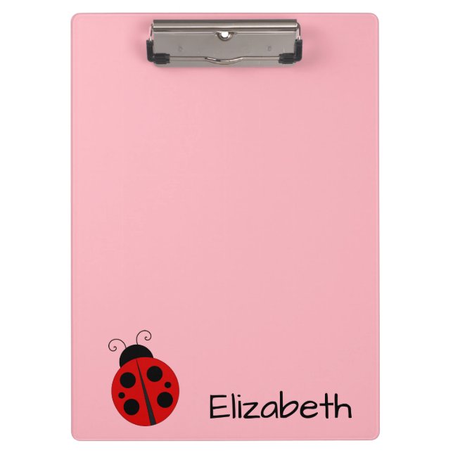 Cute Pink & Black Name Text with Ladybug Clipboard (Front)