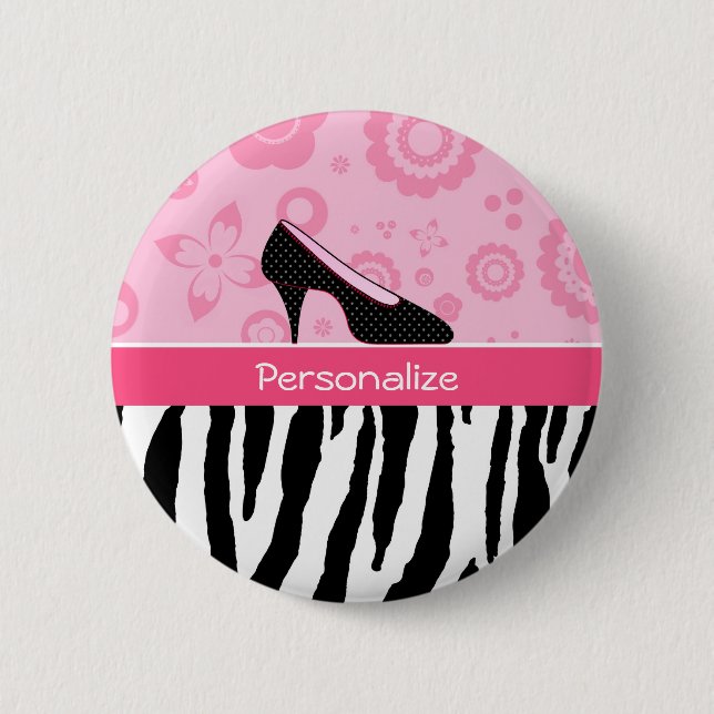 Cute Pink Black Shoes Trendy Zebra Print With Name 2 Inch Round Button (Front)