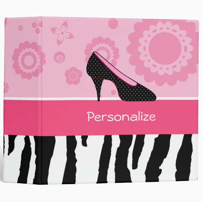 Cute Pink Black Shoes Trendy Zebra Print With Name Binder (Front/Spine)