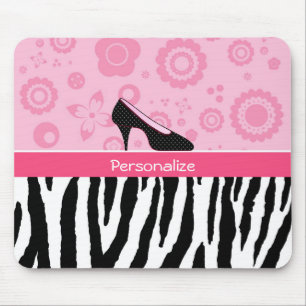 Cute Pink Black Shoes Trendy Zebra Print With Name Mouse Pad