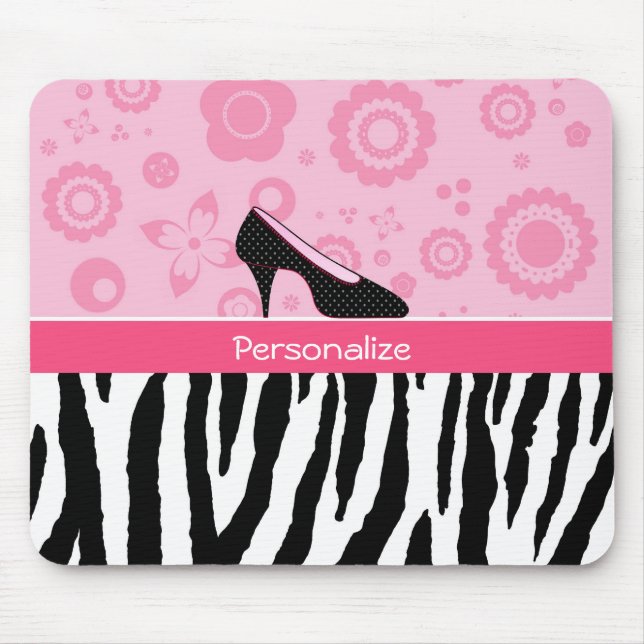 Cute Pink Black Shoes Trendy Zebra Print With Name Mouse Pad (Front)