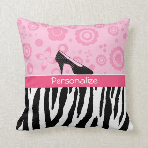Cute Pink Black Shoes Trendy Zebra Print With Name Throw Pillow