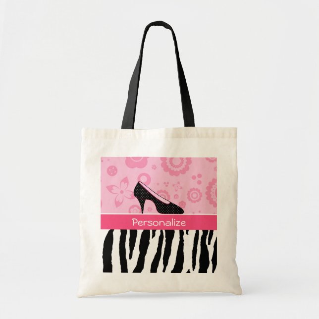 Cute Pink Black Shoes Trendy Zebra Print With Name Tote Bag (Front)