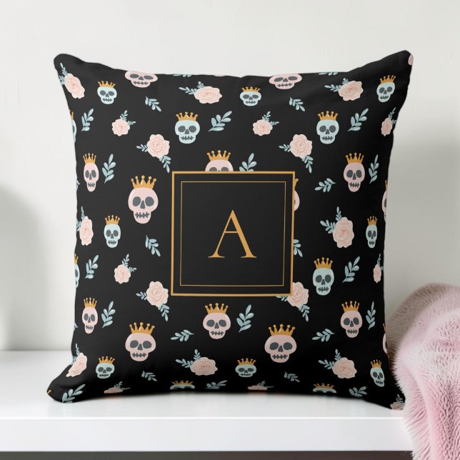 Cute Pink Black Skull Pattern Monogram Halloween Throw Pillow (Cute Pink Black Skull Pattern Monogram Halloween Throw Pillow)