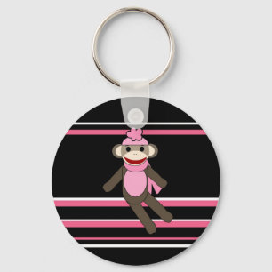 Cute Pink Black Stripe Sock Monkey Girl Flower Hat Keychain