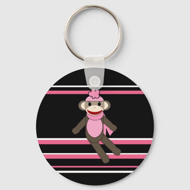 Cute Pink Black Stripe Sock Monkey Girl Flower Hat Keychain (Front)
